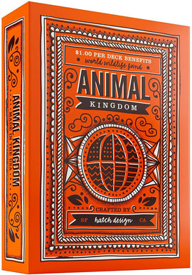 Animal Kingdom Playing Cards by Theory 11. The vibrant orange box features intricate illustrations, including a globe design and decorative elements. The packaging indicates that $1.00 per deck benefits the World Wildlife Fund, emphasizing a commitment to wildlife conservation. Perfect for card games and collectors alike.