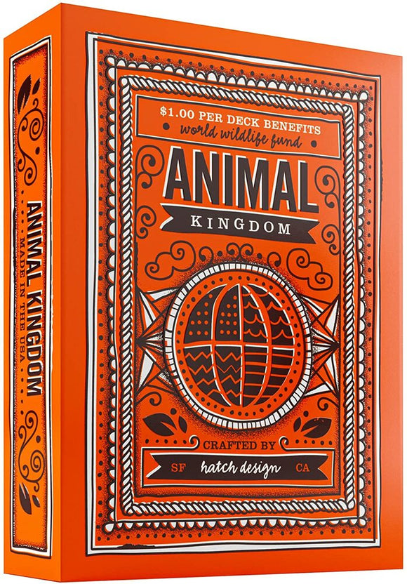 Animal Kingdom Playing Cards by Theory 11. The vibrant orange box features intricate illustrations, including a globe design and decorative elements. The packaging indicates that $1.00 per deck benefits the World Wildlife Fund, emphasizing a commitment to wildlife conservation. Perfect for card games and collectors alike.