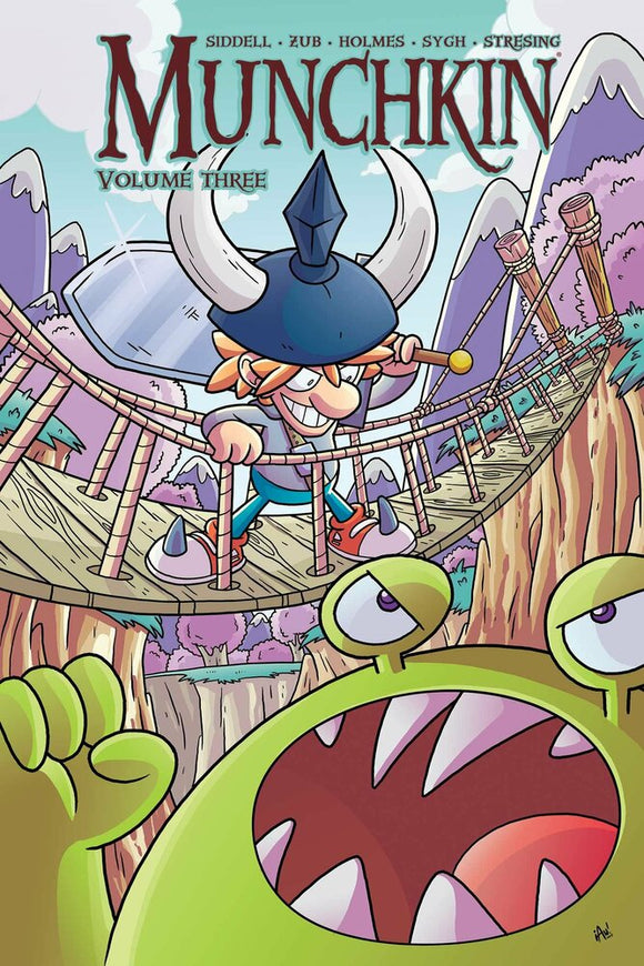 Cover of the Munchkin Vol 3 Graphic Novel from Boom Entertainment, featuring a cheerful character in a horned helmet navigating a colorful landscape filled with trees and a large green monster with a playful expression.
