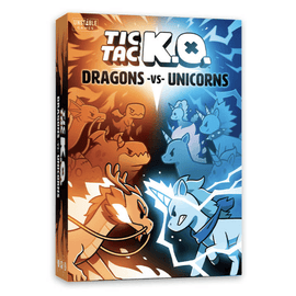 Tic Tac K.O. Dragons vs Unicorns game packaging featuring colorful illustrations of fierce dragons and playful unicorns in a whimsical battle design.