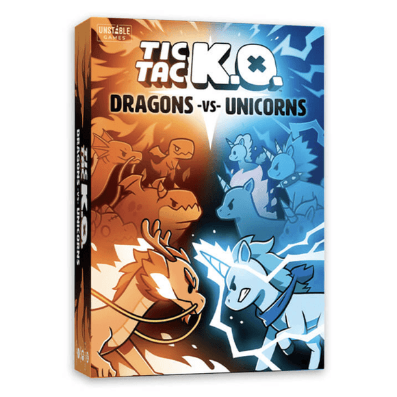Tic Tac K.O. Dragons vs Unicorns game packaging featuring colorful illustrations of fierce dragons and playful unicorns in a whimsical battle design.