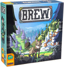 The game 'Brew' by Pandasaurus Games features colorful artwork depicting a forest scene. A character in a green outfit stands beside a stylized animal with leafy decorations, surrounded by trees and stones, inviting players into a whimsical world of adventure.