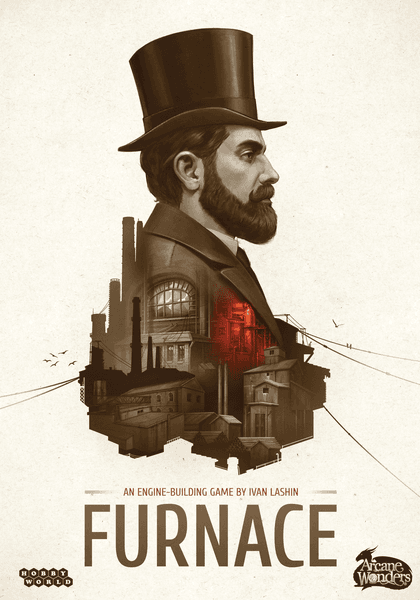 Furnace board game by Arcane Wonders featuring a Victorian-era gentleman in a top hat, set against a backdrop of industrial buildings and smokestacks, illustrating the theme of engine-building. The artwork showcases a rich color palette emphasizing the industrial age, making it an engaging and immersive game.
