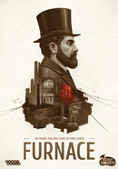 Furnace board game by Arcane Wonders featuring a Victorian-era gentleman in a top hat, set against a backdrop of industrial buildings and smokestacks, illustrating the theme of engine-building. The artwork showcases a rich color palette emphasizing the industrial age, making it an engaging and immersive game.