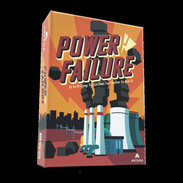 Power Failure board game by ARTANA GAMES featuring a colorful cover with industrial themes. The artwork shows smokestacks, power lines, and a city skyline in the background, emphasizing the game's power outage theme. The title 'Power Failure' is prominently displayed in bold, stylized lettering.