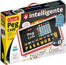 The Peg Code game by Quercetti features a colorful board with pegs in various shapes and letters. The kit includes 132 pieces designed for children ages 5 to 10. The game encourages coding and educational play, reinforcing cognitive skills while having fun. The vibrant packaging includes illustrations of the game components and guidelines for use, making it an engaging activity for young learners.
