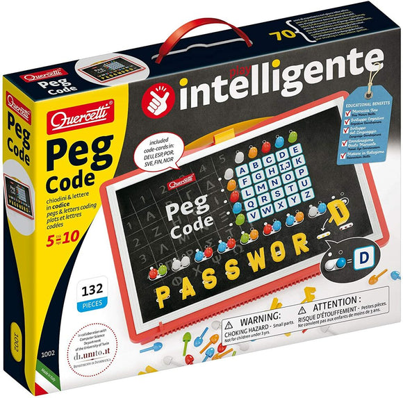 The Peg Code game by Quercetti features a colorful board with pegs in various shapes and letters. The kit includes 132 pieces designed for children ages 5 to 10. The game encourages coding and educational play, reinforcing cognitive skills while having fun. The vibrant packaging includes illustrations of the game components and guidelines for use, making it an engaging activity for young learners.