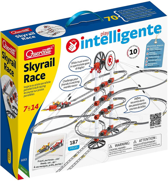Skyrail Race Marble Run by Quercetti is a DIY kit that includes 187 pieces for creating thrilling marble races on parallel tracks. The box showcases vibrant graphics of the assembled track, featuring twists and loops designed for exciting gameplay. Ideal for children aged 7 to 14, this interactive kit encourages creativity and problem-solving skills while providing hours of entertainment.
