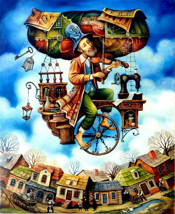 A whimsical illustration depicting a tailor in a colorful outfit riding a unicycle while playing the violin. He is surrounded by sewing tools and whimsical elements, set against a vibrant blue sky and quirky village below, showcasing creativity and artistry.