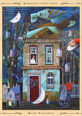 Wanderer's Night Song jigsaw puzzle by Art & Fable Puzzle Co featuring a whimsical illustration of a house with a figure playing a guitar on the roof. Surrounded by abstract trees and houses, the vibrant colors create a surreal night scene, evoking a sense of adventure and curiosity.