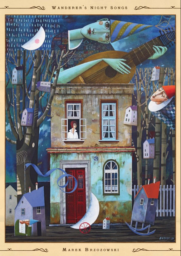 Wanderer's Night Song jigsaw puzzle by Art & Fable Puzzle Co featuring a whimsical illustration of a house with a figure playing a guitar on the roof. Surrounded by abstract trees and houses, the vibrant colors create a surreal night scene, evoking a sense of adventure and curiosity.