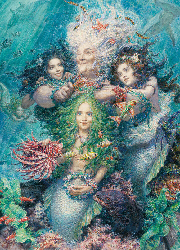 A colorful jigsaw puzzle titled 'Daughters of the Sea' by Art & Fable Puzzle Co, featuring a whimsical underwater scene with three mermaids adorned with sea elements, surrounded by vibrant marine life including fish and corals.