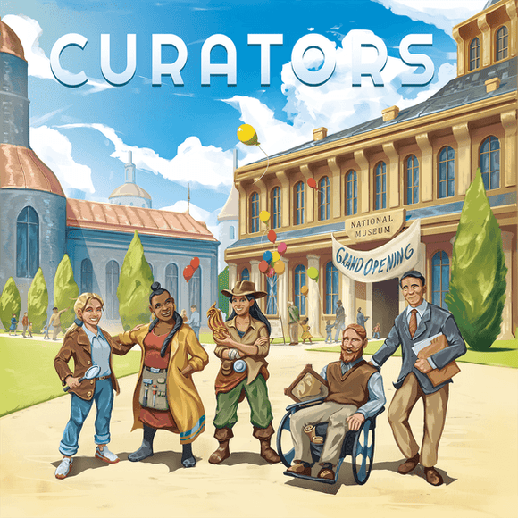 The game 'Curators' by WORLDSHAPPERS features a colorful cover illustrating a group of five diverse characters standing at the entrance of a grand museum with a 'Grand Opening' banner. The characters are dressed in various styles, showcasing a playful and engaging art style that invites players to explore the world of curation.