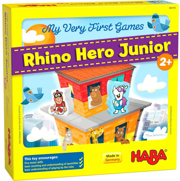Rhino Hero Junior game box featuring colorful illustrations of friendly animal characters. The box highlights its suitability for children aged 2 and up, promoting fine motor skills, counting, and rule understanding. The vibrant design includes a building with animals like a bear, bird, and giraffe, suitable for early learning.