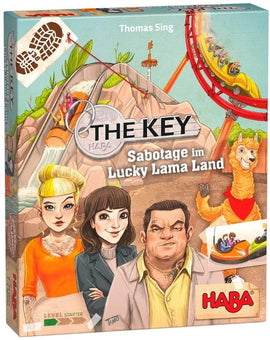 The Key: Sabotage in Lucky Llama Land game box featuring colorful illustrations of three characters and a llama. The package displays vibrant graphics of a roller coaster and playful amusement park scenes, perfect for family fun.