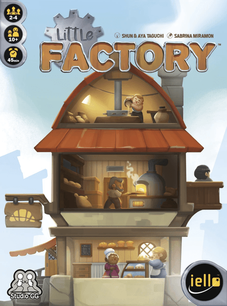 The box cover of 'Little Factory' by IELLO features a whimsical illustration of a factory scene. Inside the factory, a worker is seen baking, while a friendly dog and a couple of characters engage in activities. The title 'Little Factory' is prominently displayed at the top, along with icons indicating the game supports 2-4 players and has a playtime of around 45 minutes. The artwork is colorful and inviting, showcasing the fun and creativity involved in the game.