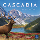 Cascadia game box featuring a majestic elk in a beautiful mountainous landscape, with lush greenery and a serene water body in the foreground. The title 'Cascadia' is prominently displayed along with the name of the illustrator, Beth Sobel, indicating a visually stunning nature-themed game.