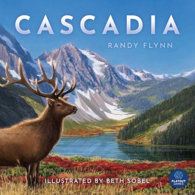 Cascadia game box featuring a majestic elk in a beautiful mountainous landscape, with lush greenery and a serene water body in the foreground. The title 'Cascadia' is prominently displayed along with the name of the illustrator, Beth Sobel, indicating a visually stunning nature-themed game.
