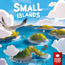 A vibrant illustration depicting the game 'Small Islands' featuring an assortment of stylized islands surrounded by blue ocean water. There are boats sailing between islands and a bird flying over the scene, complemented by a bright sky filled with fluffy clouds.
