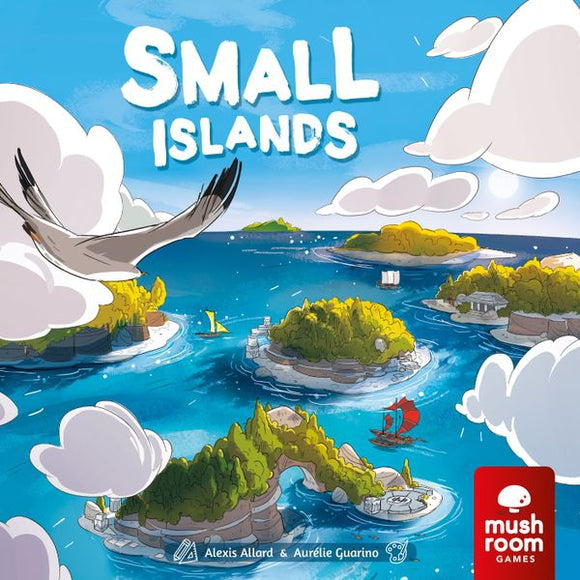 A vibrant illustration depicting the game 'Small Islands' featuring an assortment of stylized islands surrounded by blue ocean water. There are boats sailing between islands and a bird flying over the scene, complemented by a bright sky filled with fluffy clouds.