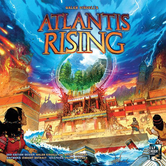 Atlantis Rising 2nd Edition game box featuring vibrant artwork depicting a mythical scene of Atlantis with dramatic skies, characters, and structures. The game is designed by Galen Ciscell and Brent Dickman, illustrated by Vincent Dutrait, showcasing urgency and adventure.