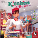 The cover art of the 'Kitchen Rush' game featuring chefs in a busy kitchen. A smiling female chef in a white uniform holds a frying pan, while a male chef gestures excitedly. Other kitchen staff are seen preparing dishes, and various kitchen items are displayed throughout the vibrant scene.