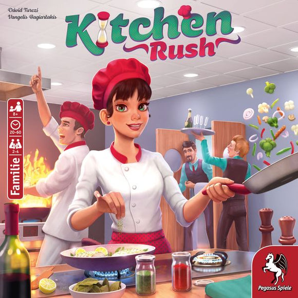 The cover art of the 'Kitchen Rush' game featuring chefs in a busy kitchen. A smiling female chef in a white uniform holds a frying pan, while a male chef gestures excitedly. Other kitchen staff are seen preparing dishes, and various kitchen items are displayed throughout the vibrant scene.