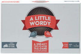 A Little Wordy board game by Exploding Kittens. The box features a vibrant design with two colorful birds, a red and a blue, and includes playful text describing it as a sneaky two-player tile game for aspiring geniuses.