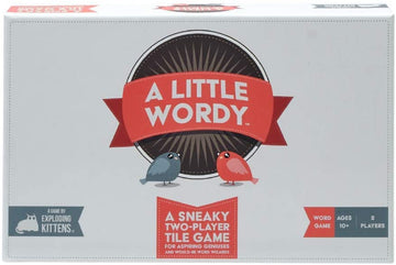 A Little Wordy board game by Exploding Kittens. The box features a vibrant design with two colorful birds, a red and a blue, and includes playful text describing it as a sneaky two-player tile game for aspiring geniuses.