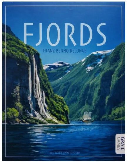 The game 'Fjords' designed by Franz-Benno Delonge, featuring a picturesque landscape of steep cliffs and a serene body of water, adorned with a lone sailboat. The cover art showcases lush greenery and vibrant blue skies, inviting players into a scenic adventure.
