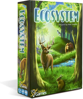 Ecosystem game box by Genius Games, featuring vibrant artwork of a serene forest scene with various animals like deer, a bear, and a rabbit among trees and greenery. The title 'Ecosystem' is prominently displayed in a whimsical font.
