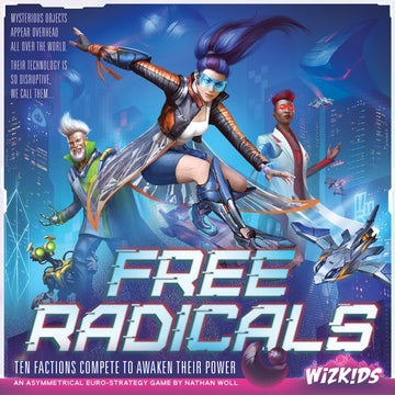 The cover of the game 'Free Radicals' by WizKids, featuring vibrant artwork of three characters: a woman with blue hair in a futuristic outfit, a bearded man, and a woman in a red hat. They're set against a backdrop of a sci-fi cityscape with flying vehicles, showcasing the game's theme of ten factions competing to awaken their power.