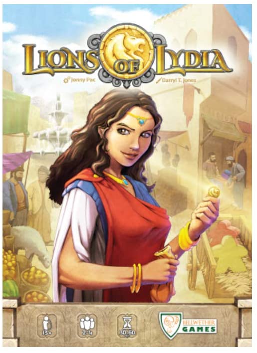 The cover of 'Lions of Lydia' game by Bellwether Games, featuring an elegant woman in traditional attire holding a coin. The backdrop displays a bustling market scene with merchants and vibrant colors. The title is prominently displayed at the top with the logo of Bellwether Games at the bottom.