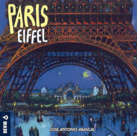 Paris Eiffel game by Devir Games, featuring a colorful and artistic depiction of the Eiffel Tower at night, full of intricate details and vibrant colors, perfect for family fun and strategy.