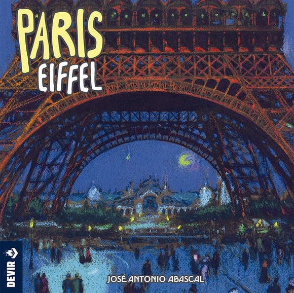 Paris Eiffel game by Devir Games, featuring a colorful and artistic depiction of the Eiffel Tower at night, full of intricate details and vibrant colors, perfect for family fun and strategy.