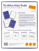Back cover of the Million Dollar Doodle game by Flying Leap Games. It features instructions on how to play, including steps for creating logos, pitching ideas, and voting. The design includes illustrations of notepads and concept sketches, inviting players to brainstorm and innovate with their doodles. This engaging game challenges creativity and teamwork.