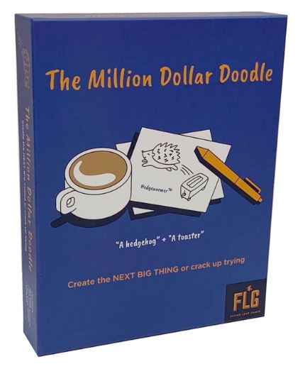 The Million Dollar Doodle game box by Flying Leap Games, featuring a coffee cup, doodles of a hedgehog and a toaster, and a playful tagline. The box is bright blue with bold graphics and text, inviting creativity and fun.
