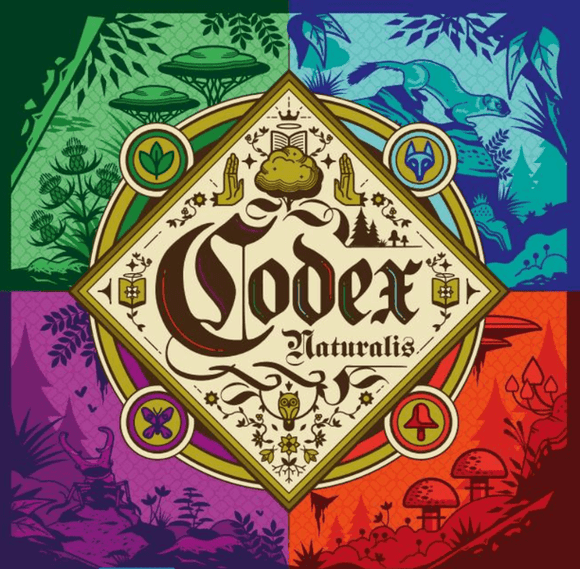 The product image shows the Codex Naturalis game, featuring a vibrant, multi-colored design with intricate illustrations of plants, animals, and mystical elements. The central text 'Codex Naturalis' is stylized with ornate lettering, surrounded by thematic icons including a book, a mushroom, and animals, all set against a backdrop of nature-inspired motifs.