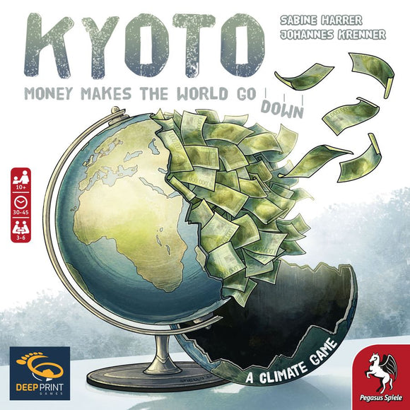 Kyoto board game by PEGASUS SPIELE, featuring a globe with money cascading down, symbolizing economic impact on the environment. The game is designed for 3-6 players aged 10 and up, with a playtime of 30-45 minutes.
