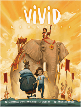 The game 'Vivid Memories' features a colorful cover illustration depicting a girl riding atop an elephant surrounded by characters with flags, evoking a sense of adventure and nostalgia.