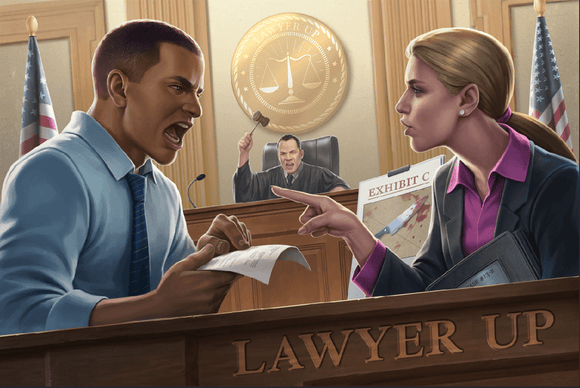A courtroom scene featuring two lawyers in a heated debate. One lawyer, in a blue shirt, is holding documents and appears frustrated, while the other lawyer, in a pink top, is pointing assertively. In the background, a judge is raising a gavel, presiding over the situation. The courtroom is adorned with American flags and a large emblem featuring scales of justice.