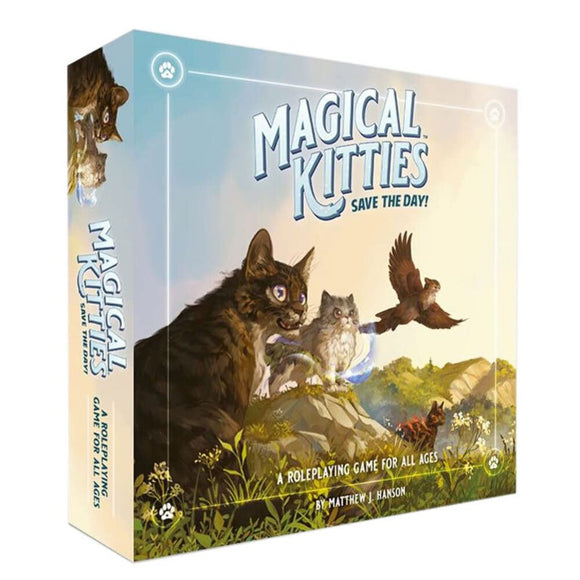 The box of the game 'Magical Kitties Save the Day!' by Atlas Games, featuring illustrated cats with mystical traits on an adventure in a vibrant outdoor setting. The title is prominently displayed along with a tagline indicating it is a roleplaying game suitable for all ages.