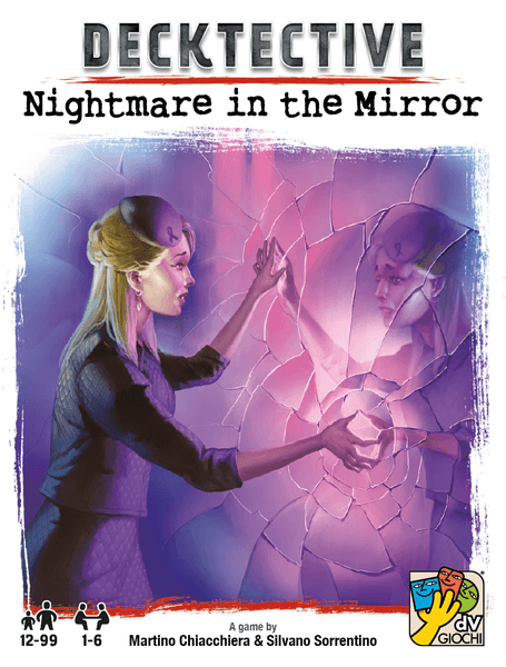 Decktective: Nightmare in the Mirror game box featuring a dramatic illustration of a woman confronted by a fractured mirror reflecting a mysterious version of herself. The design showcases themes of horror and puzzles, appealing to players aged 12 and up, and is suitable for 1-6 players.