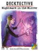 Decktective: Nightmare in the Mirror game box featuring a dramatic illustration of a woman confronted by a fractured mirror reflecting a mysterious version of herself. The design showcases themes of horror and puzzles, appealing to players aged 12 and up, and is suitable for 1-6 players.