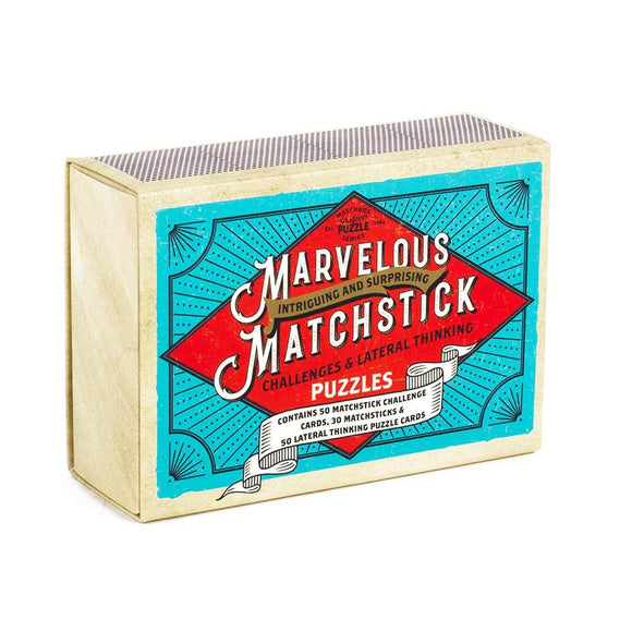 A box of 'Magnificent Matchstick Challenges & Lateral Thinking Puzzles' by Professor Puzzle. The packaging features a vibrant blue and red design with the title prominently displayed, indicating it contains matchstick puzzles and lateral thinking challenges.