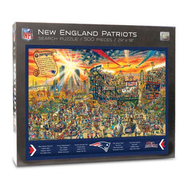 New England Patriots 500-piece jigsaw puzzle by White Mountain Puzzles. Features a colorful scene filled with football fans and iconic symbols celebrating the Patriots. The puzzle measures 24 inches by 18 inches, designed for search-style completion.