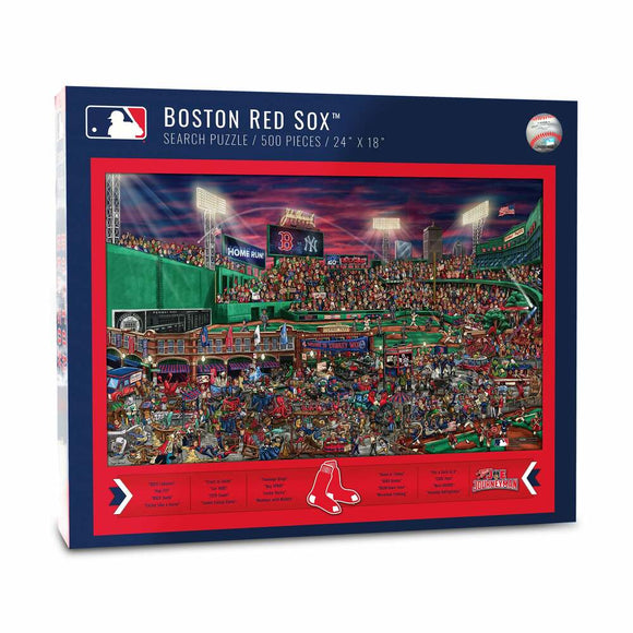 Boston Red Sox jigsaw puzzle from White Mountain Puzzles featuring a vibrant scene of a baseball game at Fenway Park. The puzzle contains 500 pieces and measures 24 x 18 inches, showcasing a lively crowd and detailed imagery of stadium elements and fan activities.