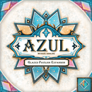 The cover of the board game 'Azul: Glazed Pavilion Expansion' designed by Michael Kiesling, featuring vibrant blue and gold intricate patterns, the title prominently displayed in elegant font, and a decorative background.
