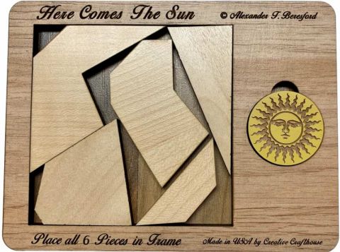 Here Comes the Sun mechanical puzzle by Creative Craft House, featuring six uniquely shaped wooden pieces that fit into a sun-patterned frame. The set includes a vintage sun emblem, inviting users to solve the puzzle and enhance spatial reasoning skills. Ideal for puzzle enthusiasts and collectors alike.