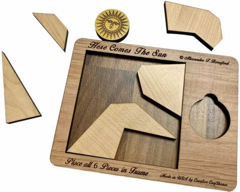 Here Comes the Sun mechanical puzzle by Creative Craft House. Featuring a wooden base with a sun design, it includes various shaped wooden pieces that fit into the frame. The puzzle promotes spatial awareness, problem-solving skills, and creativity, perfect for children and adults alike.